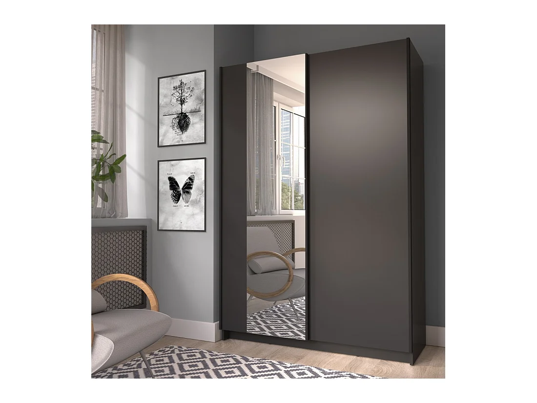 Armoire LYSIA 120 cm noir mat – 2 portes coulissantes avec miroir