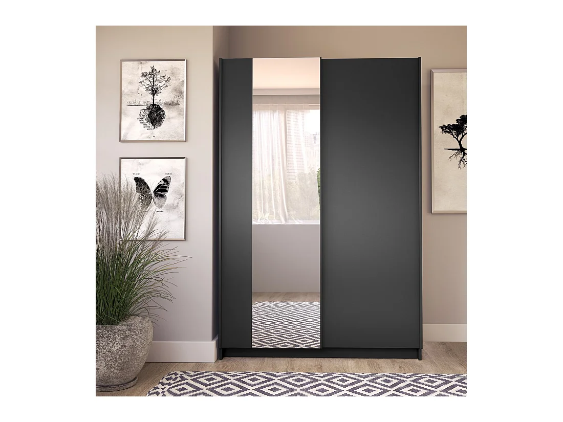 Armoire LYSIA 120 cm noir mat – 2 portes coulissantes avec miroir
