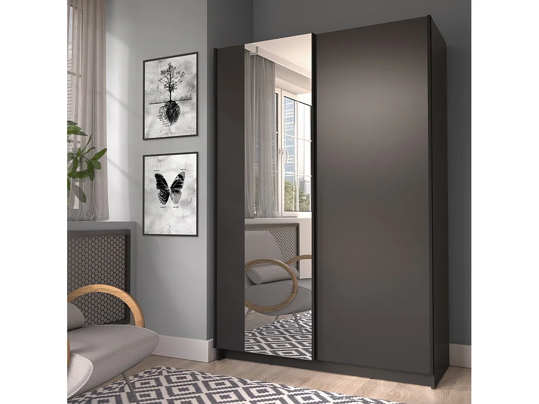 Armário LYSIA 120 cm preto fosco – 2 portas de correr com espelho
