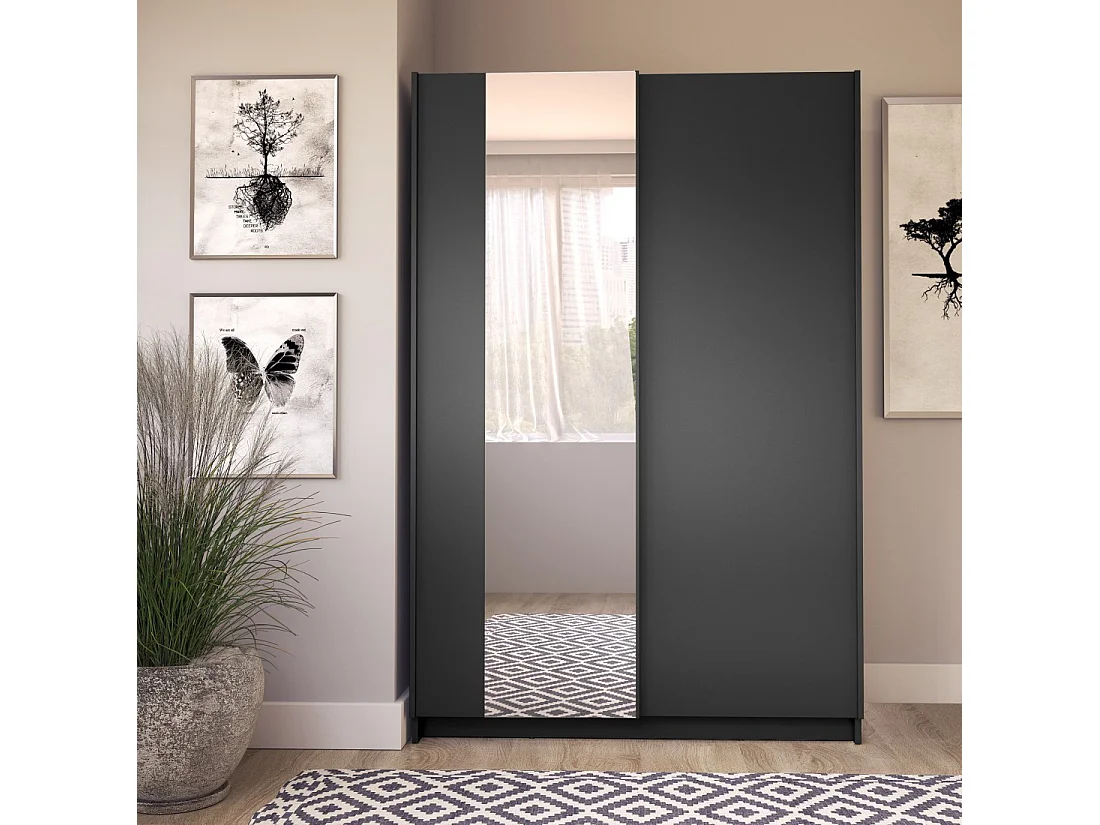 Armário LYSIA 120 cm preto fosco – 2 portas de correr com espelho