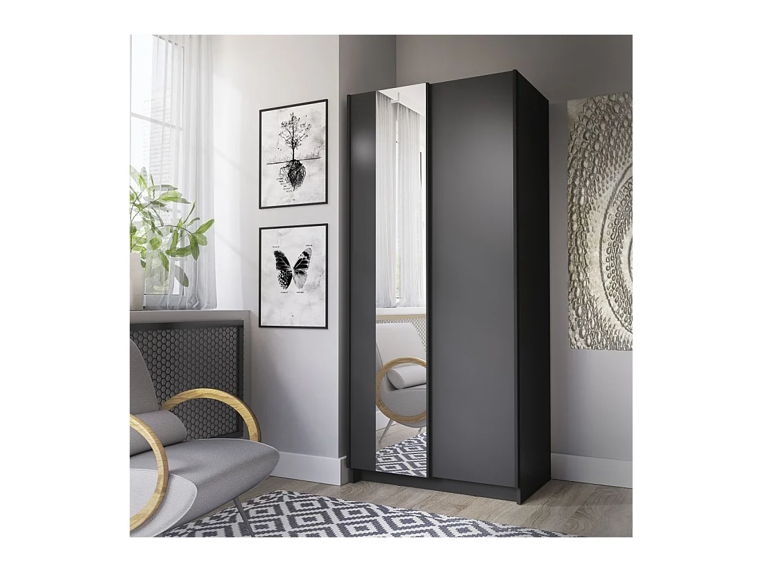 Armario LYSIA 80 cm negro mate – 2 puertas correderas con espejo