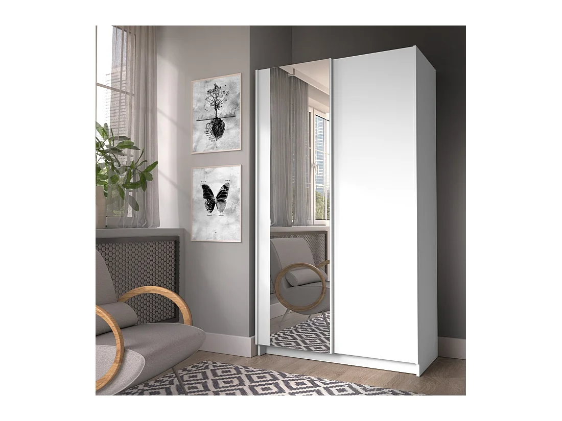 Armário LYSIA 2 portas de correr com espelho – 100 x 182 x 55 cm – Cor branca