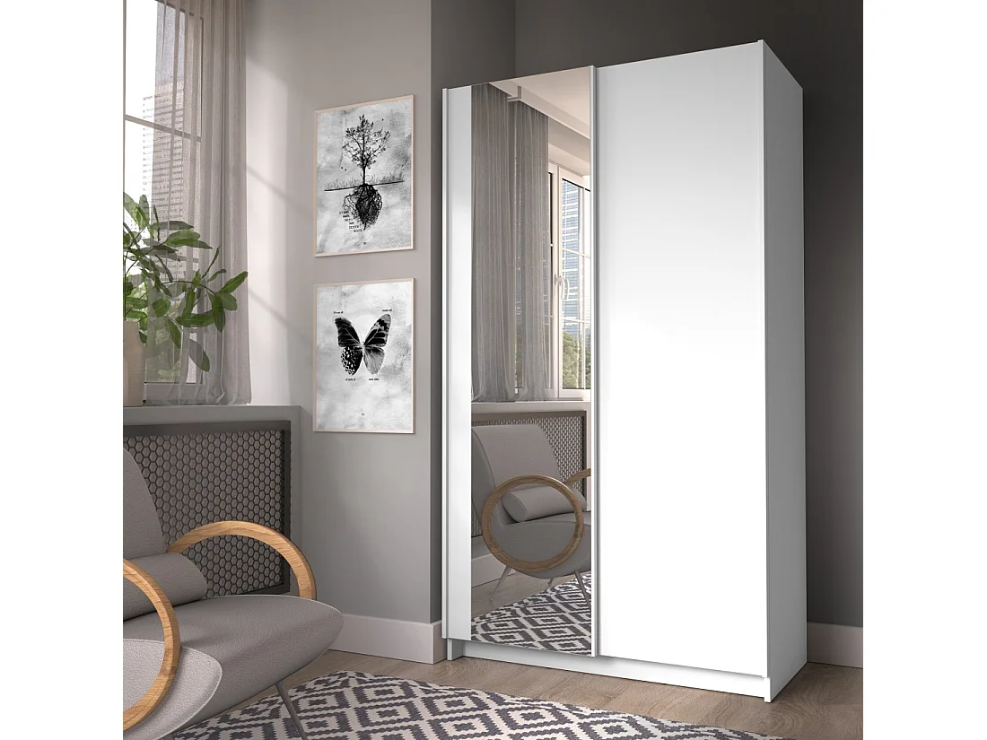 Armoire LYSIA 2 portes coulissantes avec miroir – 100 x 182 x 55 cm – Coloris blanc