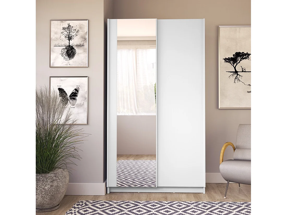 Armoire LYSIA 2 portes coulissantes avec miroir – 100 x 182 x 55 cm – Coloris blanc