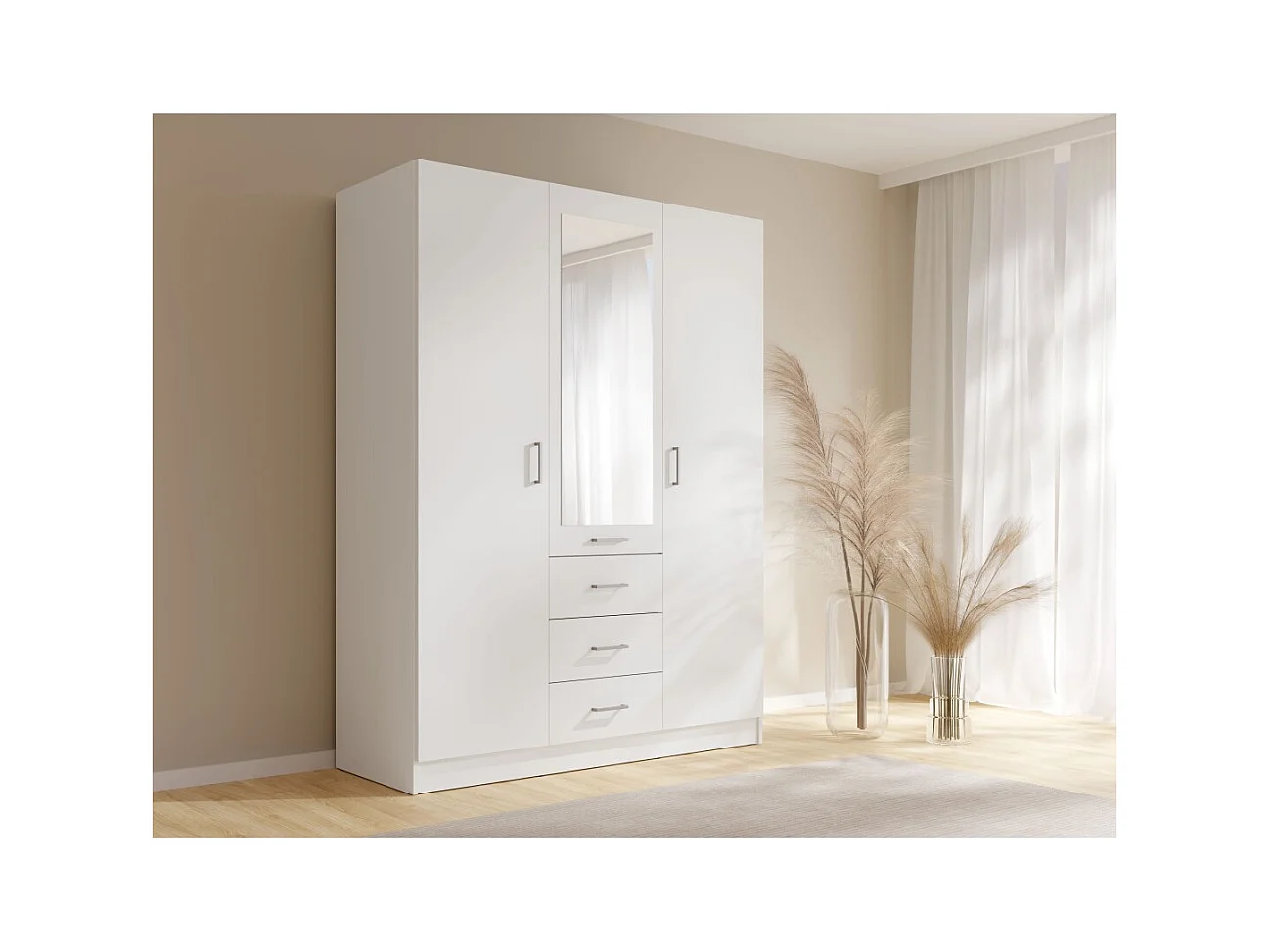 Armario KALISTA 151 cm blanco mate con espejo y 3 cajones - 3 puertas batientes