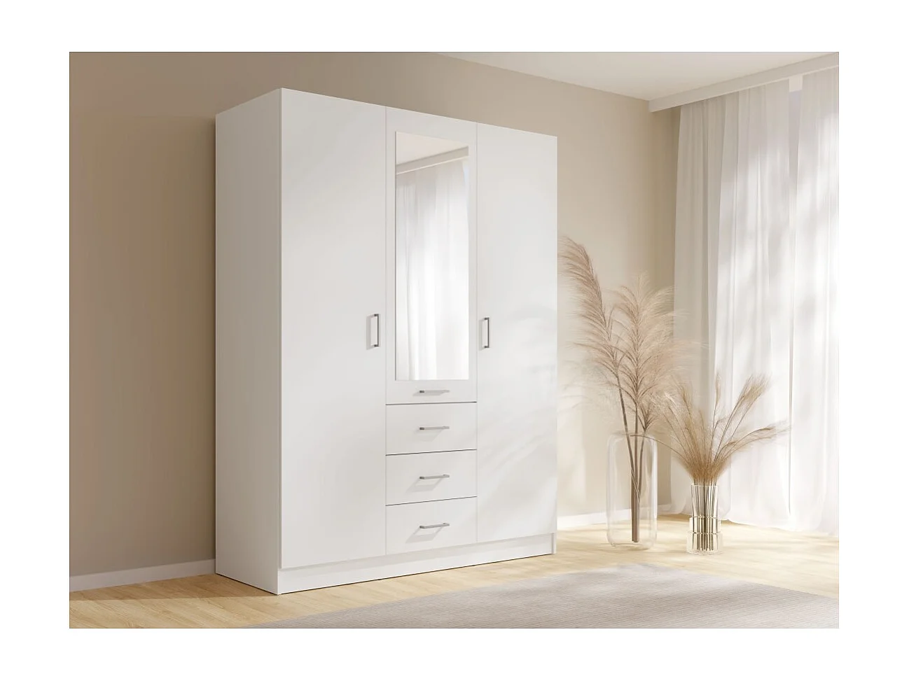 Armário KALISTA 151 cm branco fosco com espelho e 3 gavetas - 3 portas de abrir