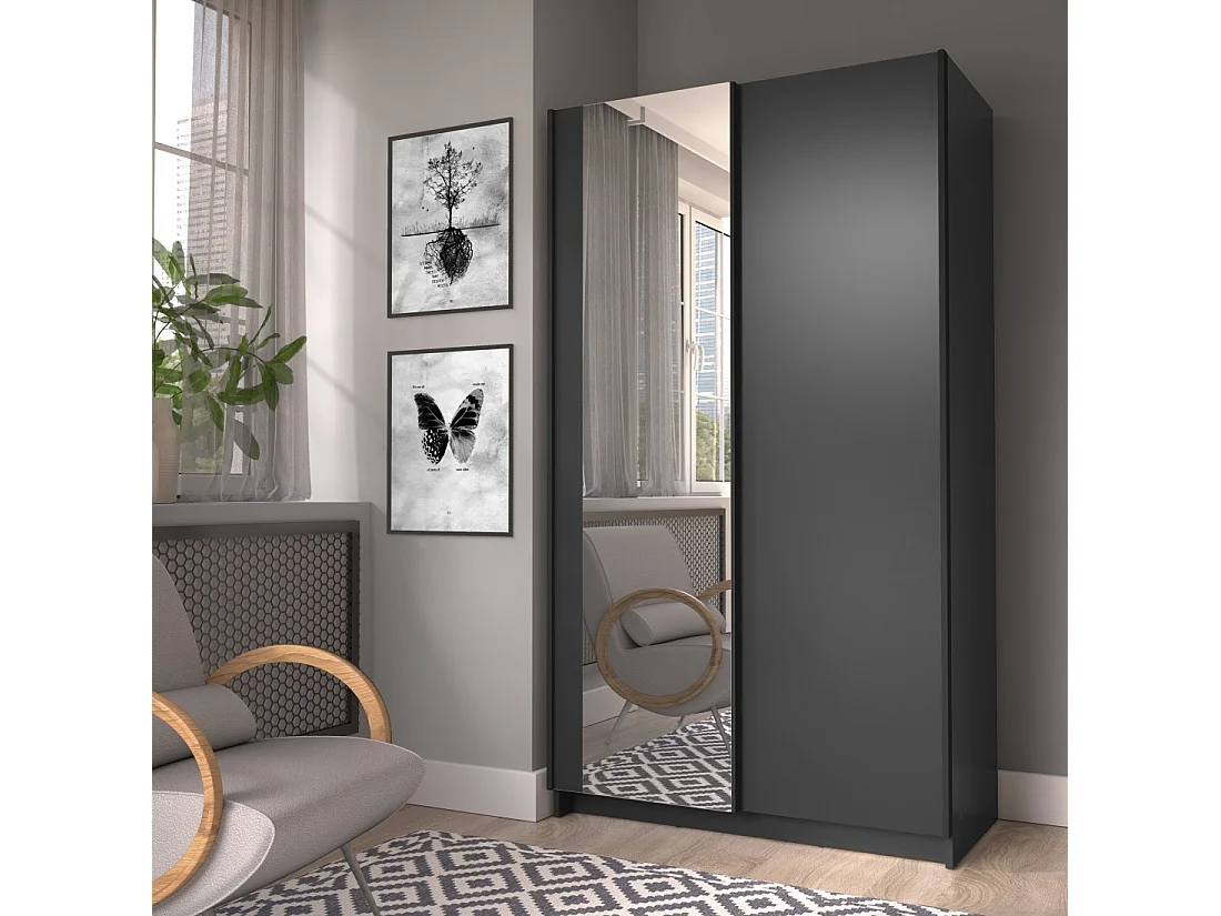 Armario LYSIA 100 cm negro mate – 2 puertas correderas con espejo