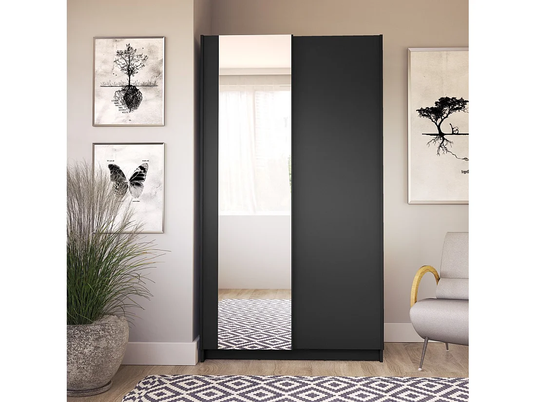 Armario LYSIA 100 cm negro mate – 2 puertas correderas con espejo