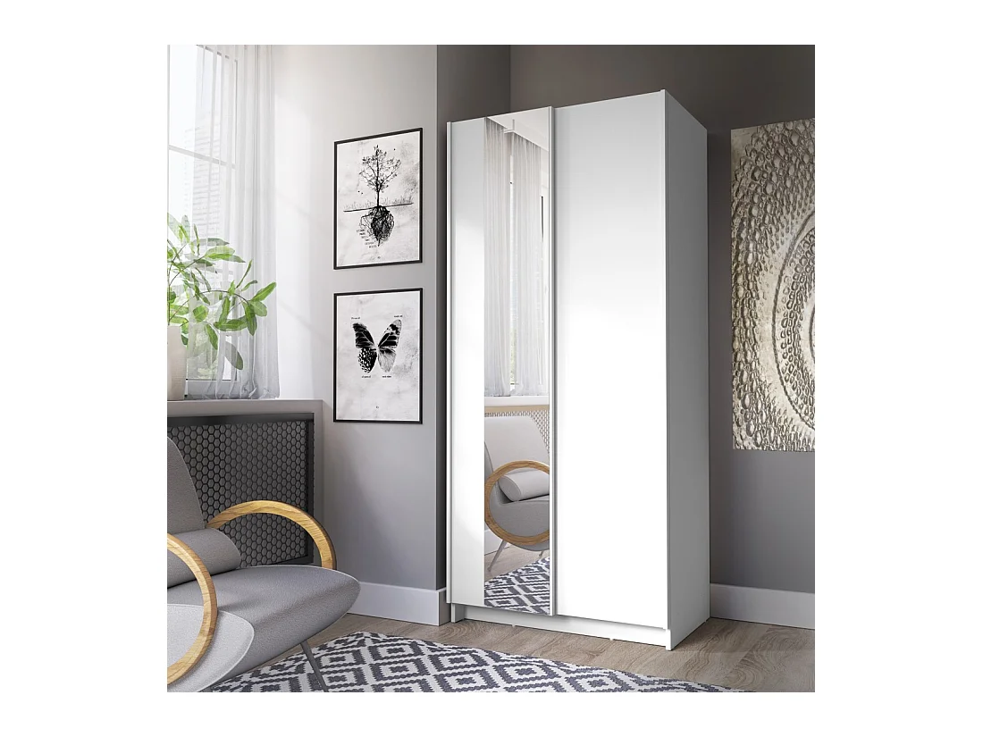 Armario LYSIA 2 puertas correderas con espejo – 80 x 182 x 55 cm – Color blanco