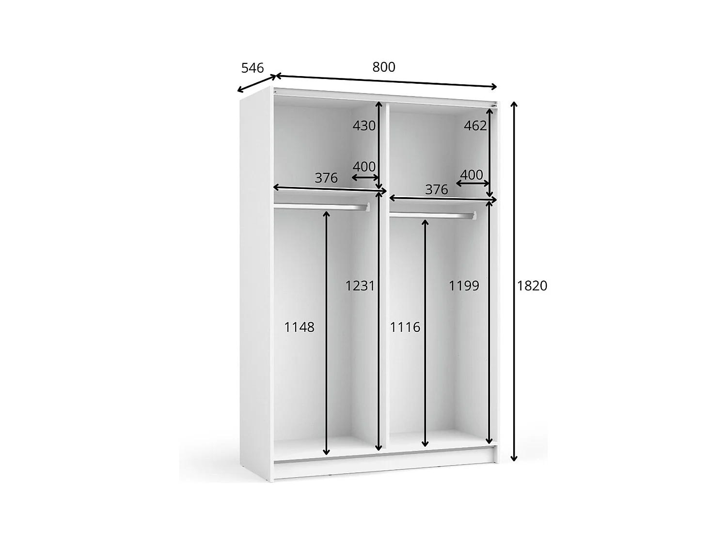 Armario LYSIA 2 puertas correderas con espejo – 80 x 182 x 55 cm – Color blanco