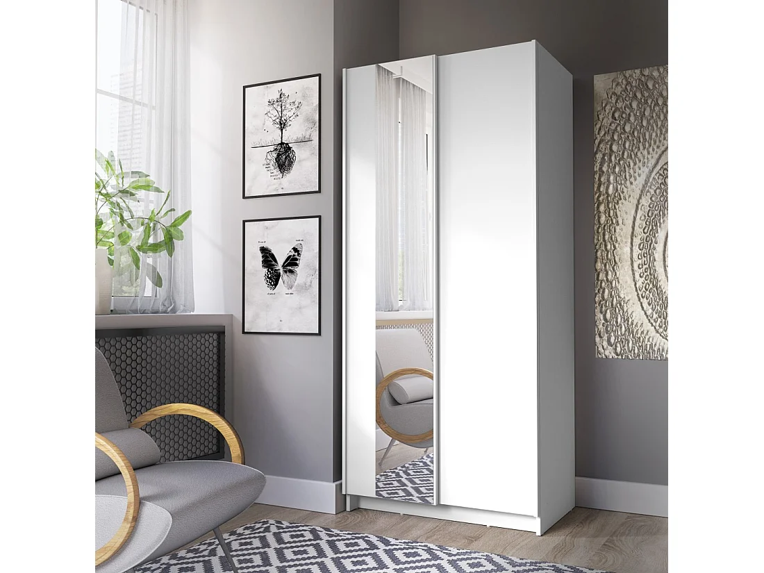 Armoire LYSIA 2 portes coulissantes avec miroir – 80 x 182 x 55 cm – Coloris blanc