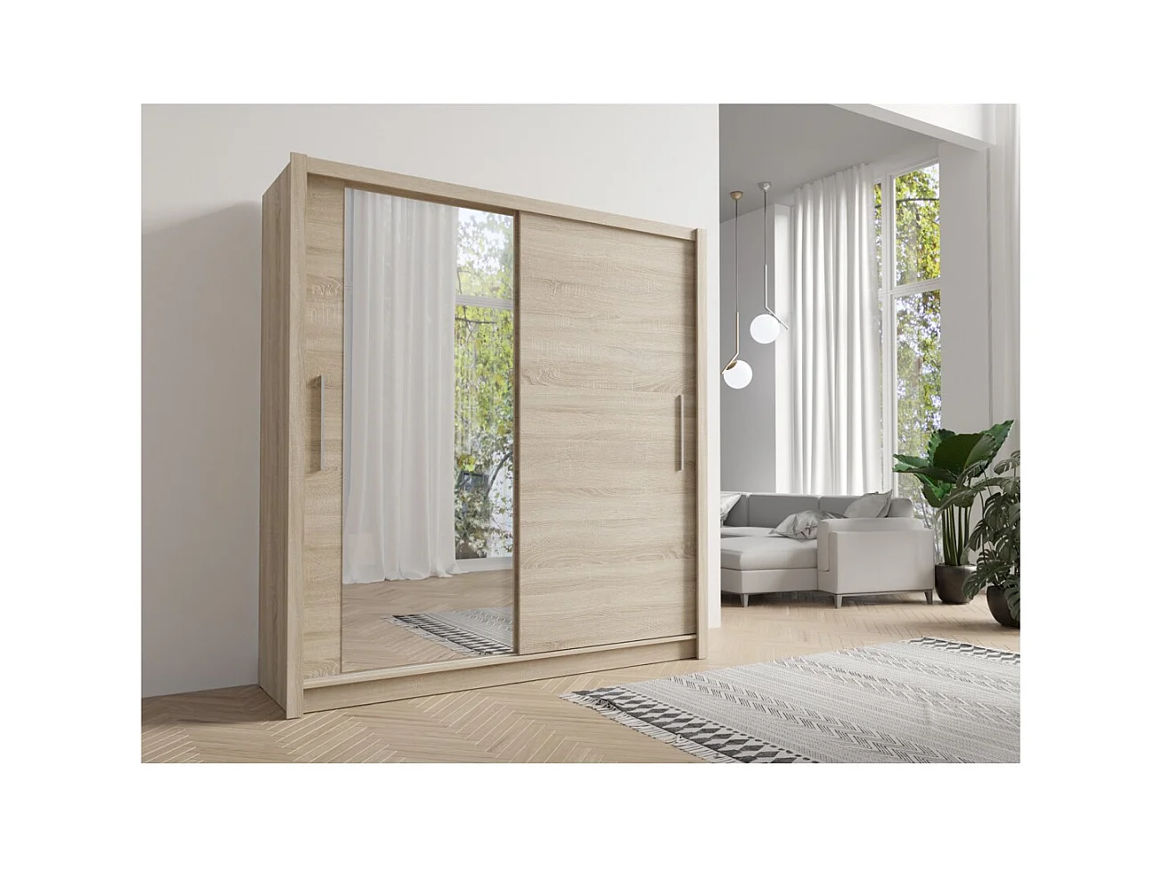Armário OZZULA 204 cm carvalho claro com espelho – 2 portas de correr
