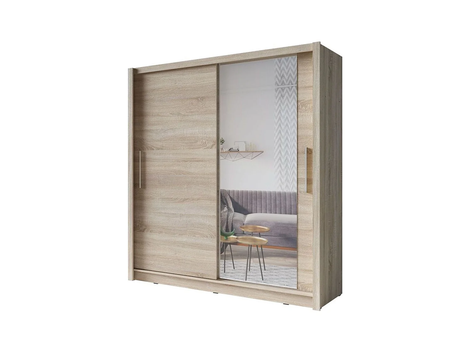 Armoire OZZULA 204 cm chêne clair avec miroir – 2 portes coulissantes