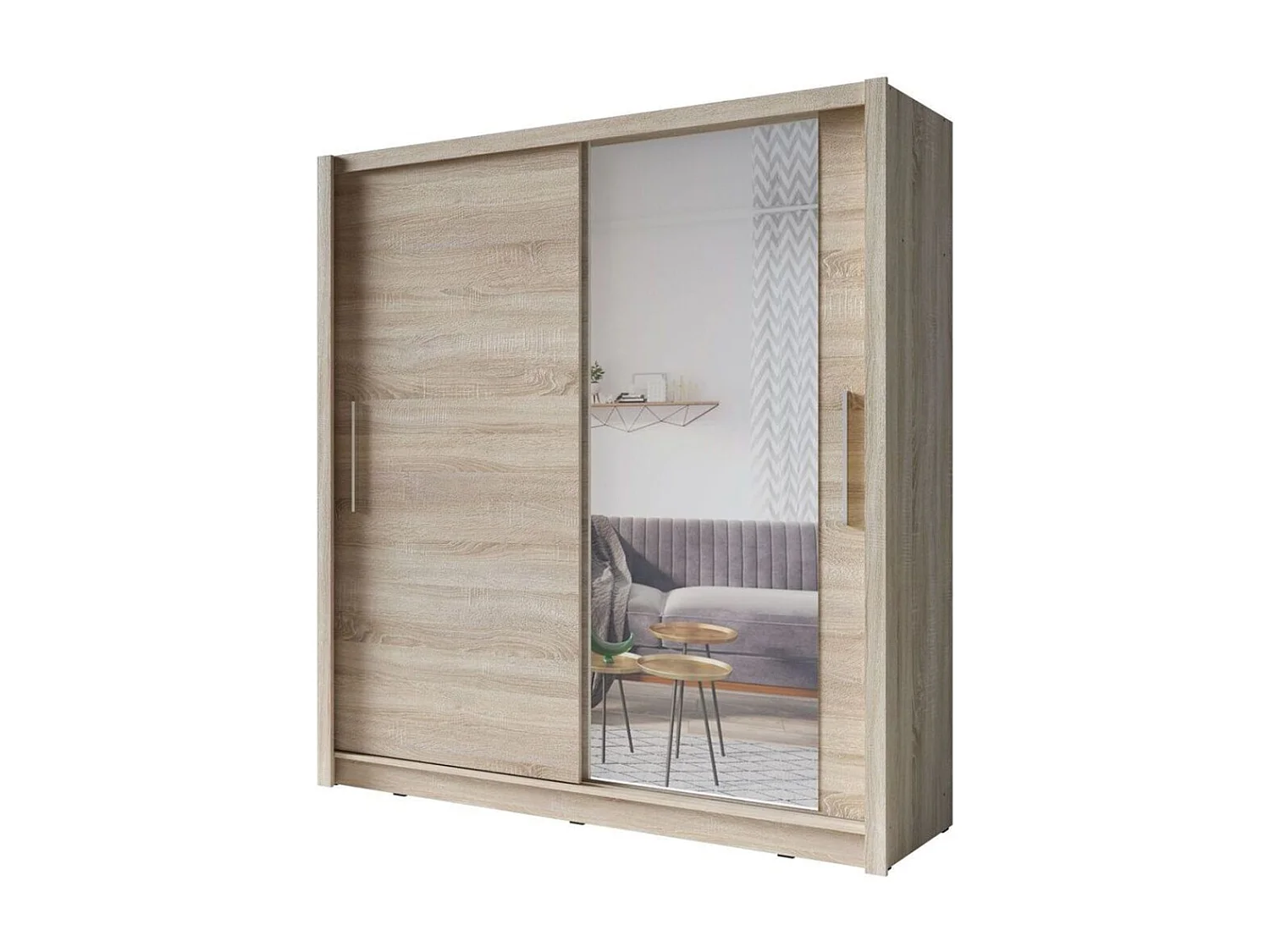 Armoire OZZULA 204 cm chêne clair avec miroir – 2 portes coulissantes