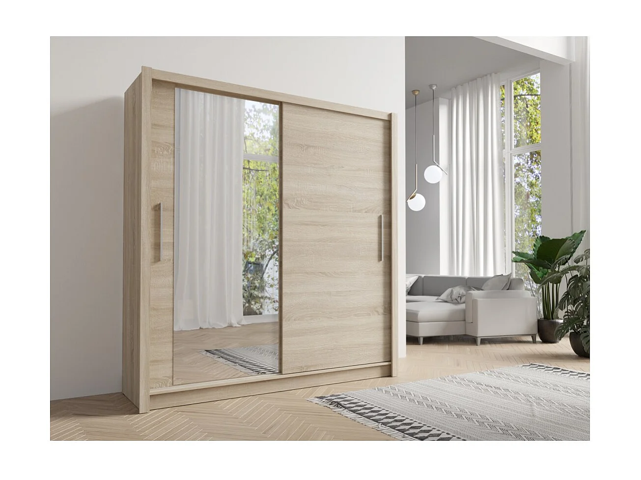 Armoire OZZULA 204 cm chêne clair avec miroir – 2 portes coulissantes