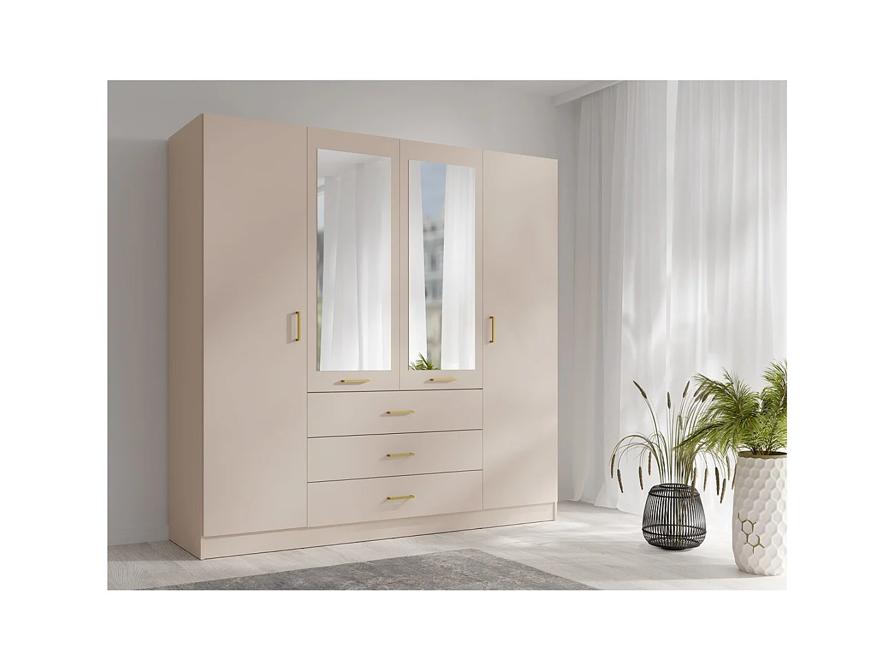 Armário KALISTA 200 cm COR areia – 4 portas, 2 espelhos, 3 gavetas, puxadores dourados