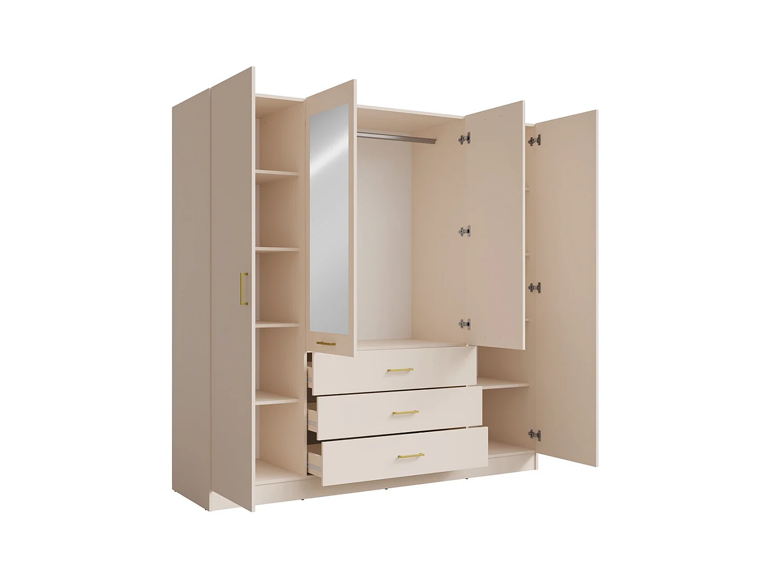 Armário KALISTA 200 cm COR areia – 4 portas, 2 espelhos, 3 gavetas, puxadores dourados