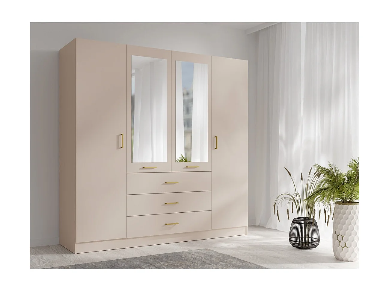 Armário KALISTA 200 cm COR areia – 4 portas, 2 espelhos, 3 gavetas, puxadores dourados