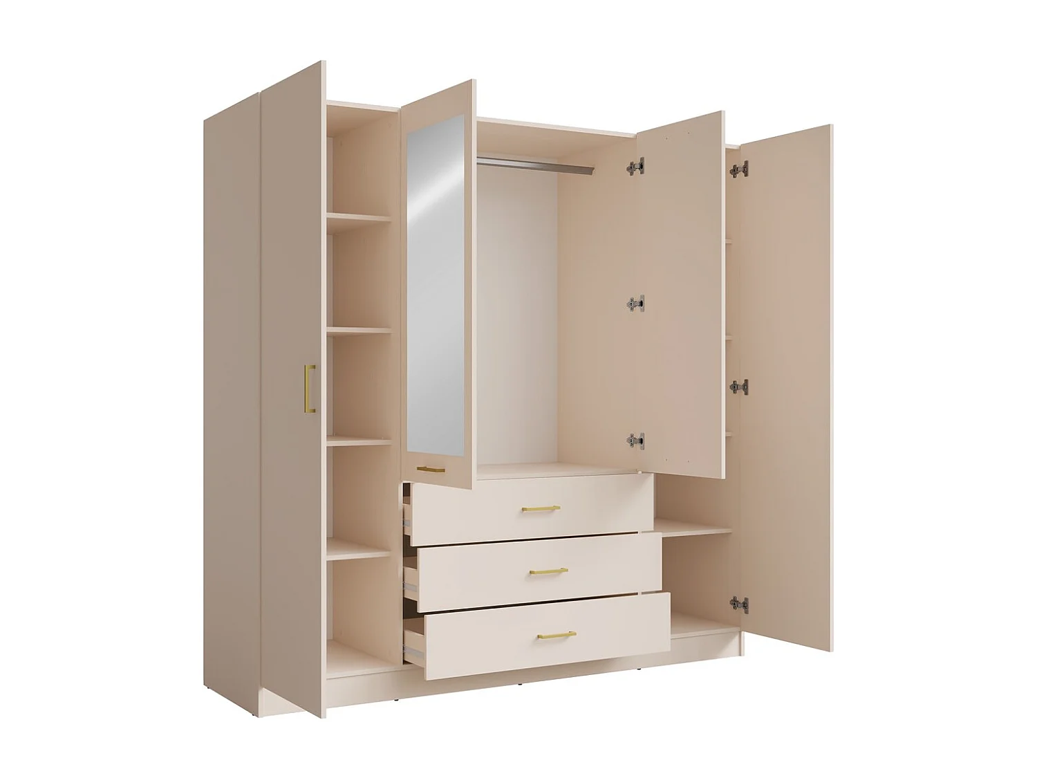 Armário KALISTA 200 cm COR areia – 4 portas, 2 espelhos, 3 gavetas, puxadores dourados