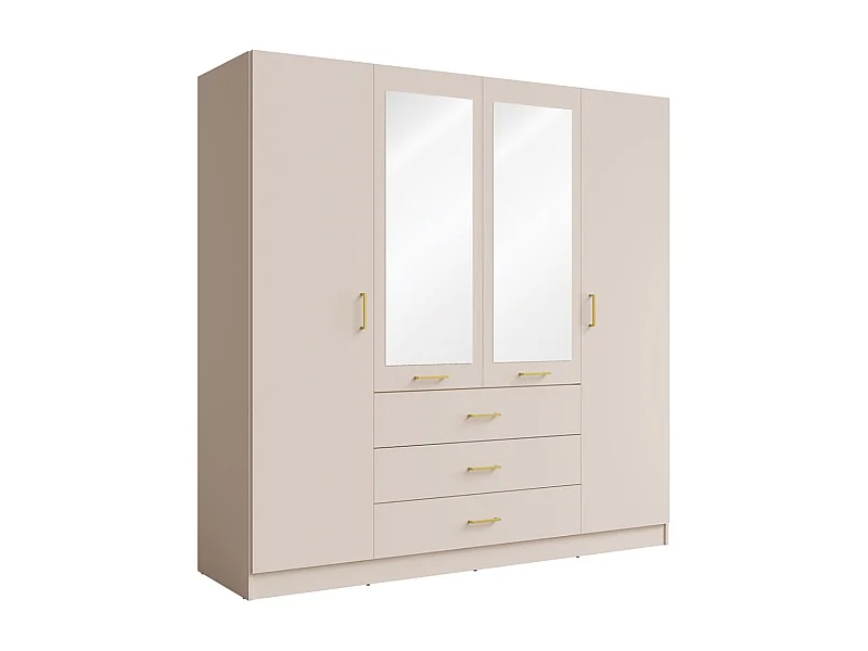 Armoire KALISTA 200 cm COLORIS sable – 4 portes, 2 miroirs, 3 tiroirs, poignées dorées