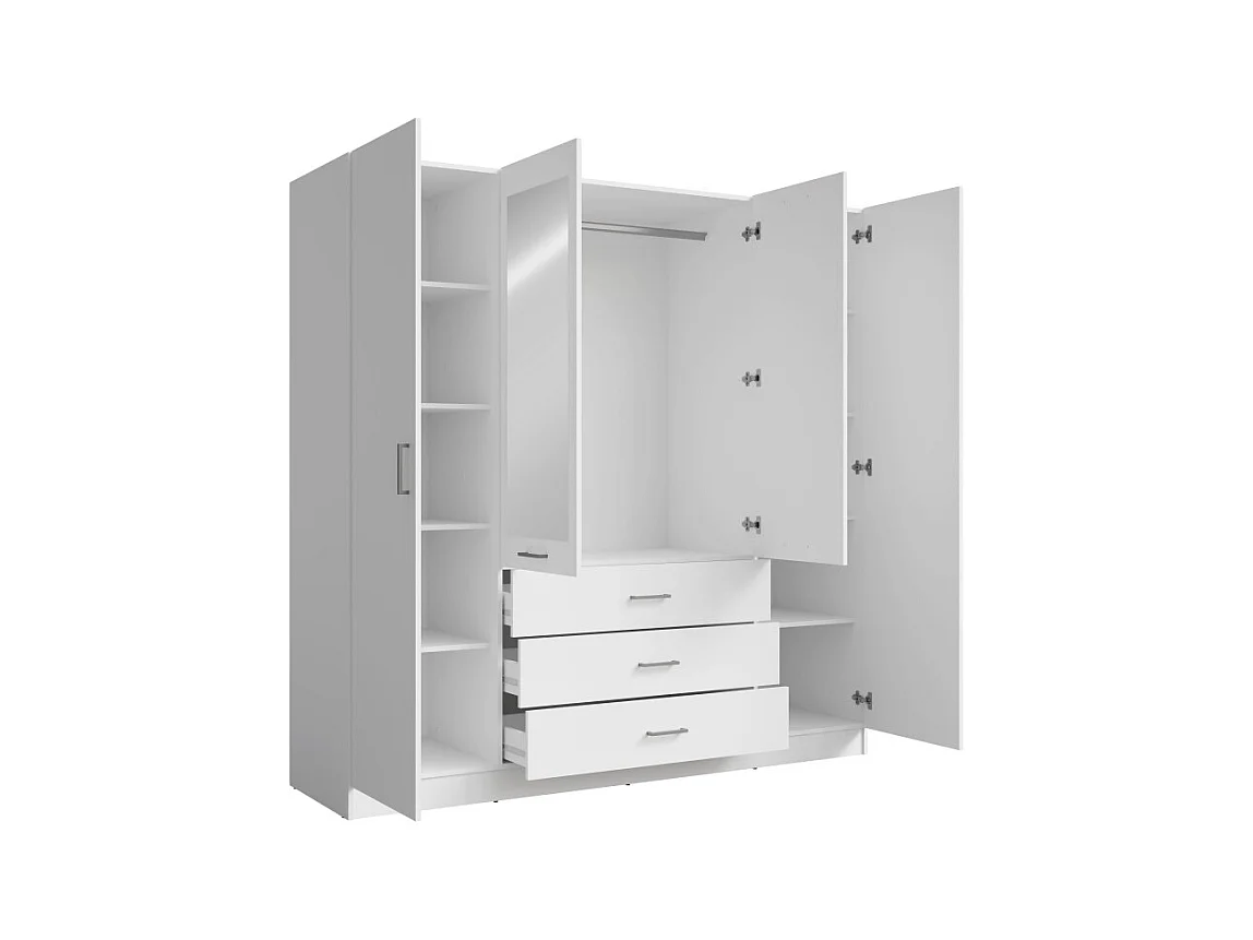 Armário KALISTA 200 cm branco fosco – 4 portas de abrir, 2 espelhos, 3 gavetas