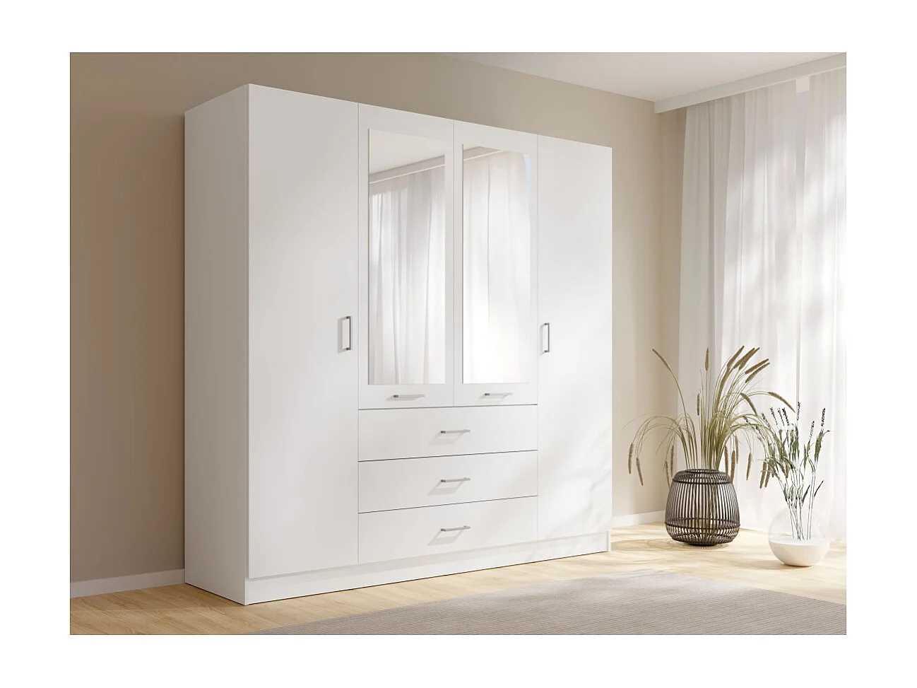 Armario KALISTA 200 cm blanco mate – 4 puertas batientes, 2 espejos, 3 cajones