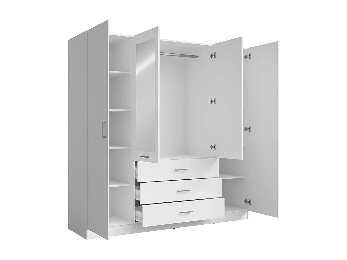 Armario KALISTA 200 cm blanco mate – 4 puertas batientes, 2 espejos, 3 cajones