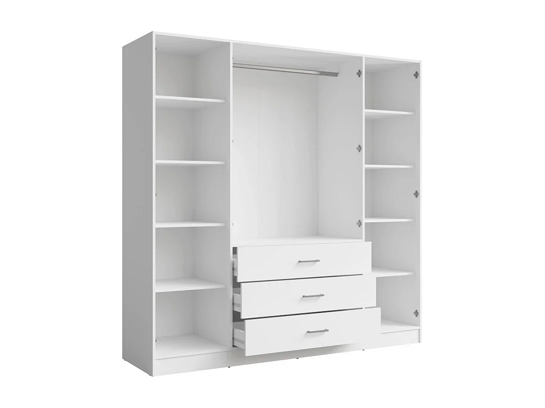 Armario KALISTA 200 cm blanco mate – 4 puertas batientes, 2 espejos, 3 cajones