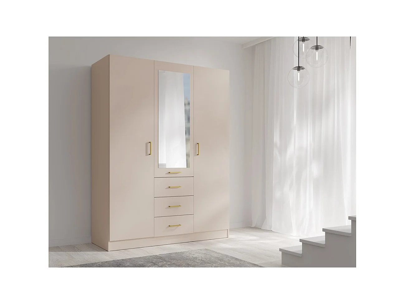 Armario KALISTA 151 cm color arena con espejo y 3 cajones – 3 puertas abatibles