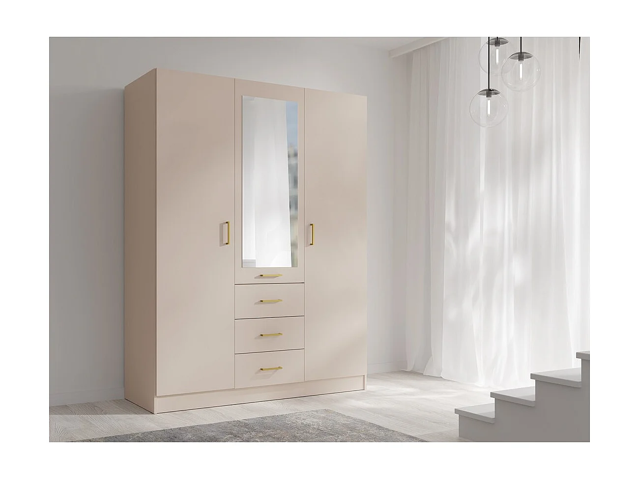 Armario KALISTA 151 cm color arena con espejo y 3 cajones – 3 puertas abatibles