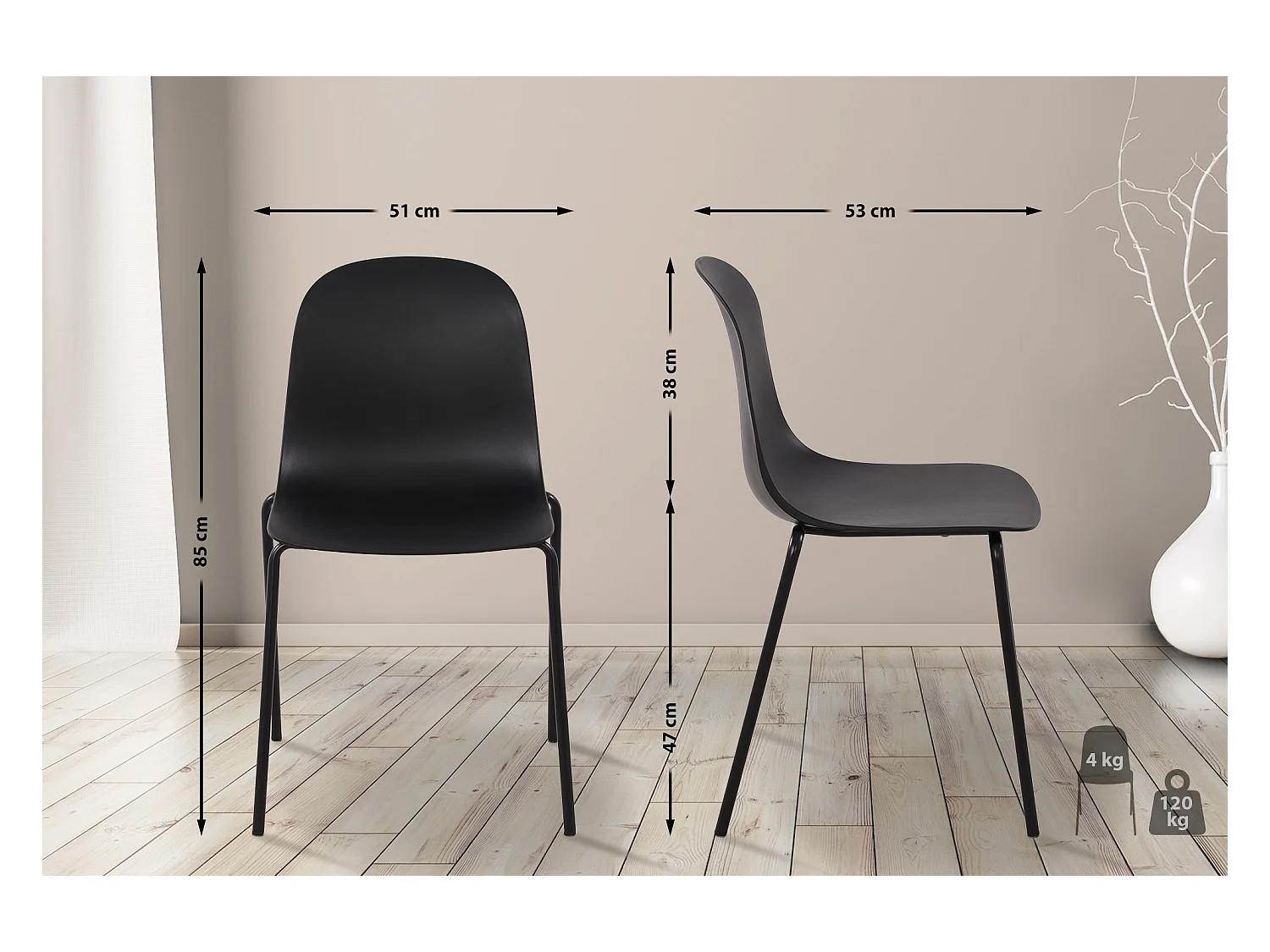 Lot de 2  Chaises de jardin - Plastique - Noir - Hardin