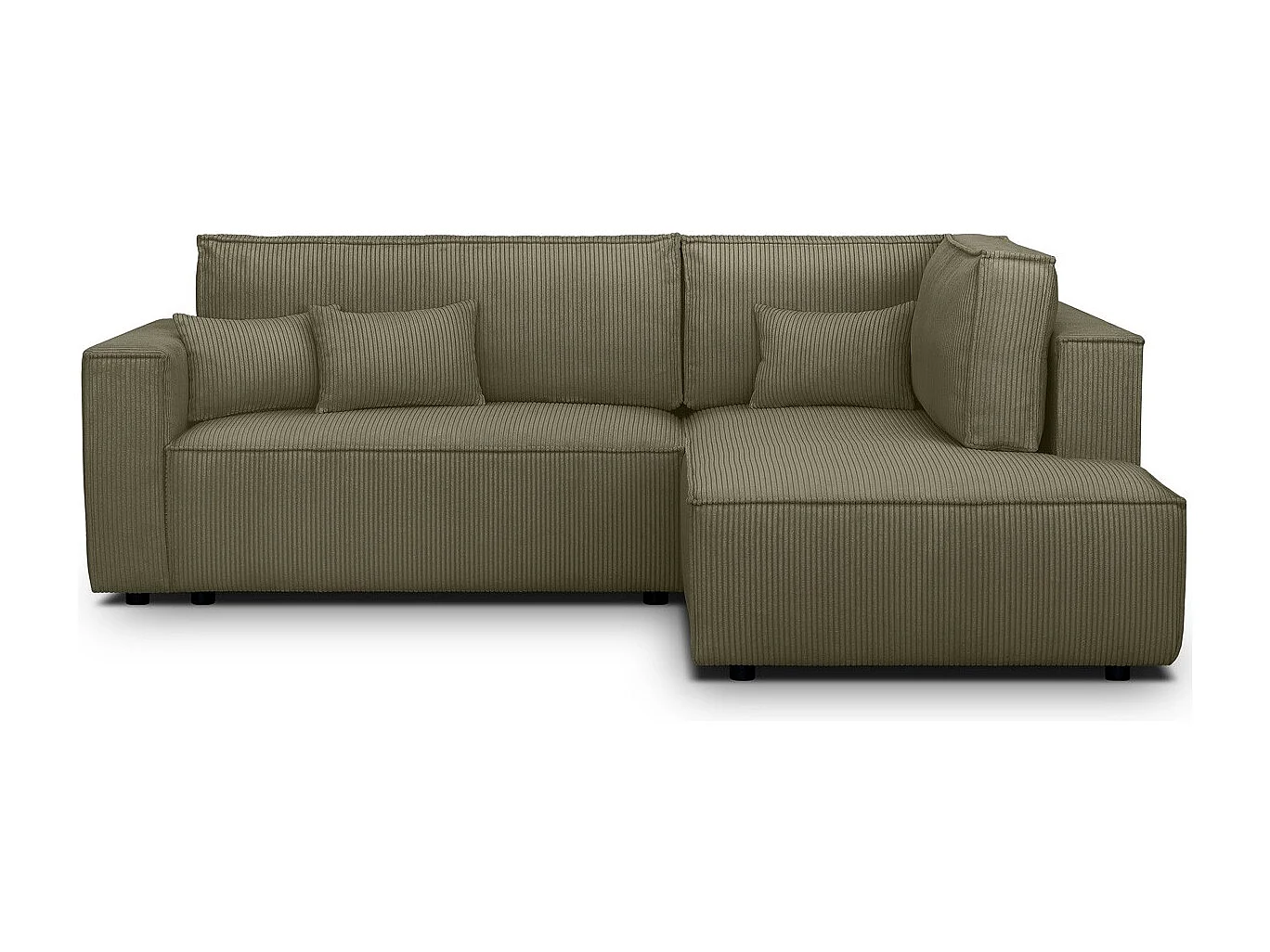 Canapé d'angle ouvert à droite convertible 3 places en velours côtelé vert kaki - Emma