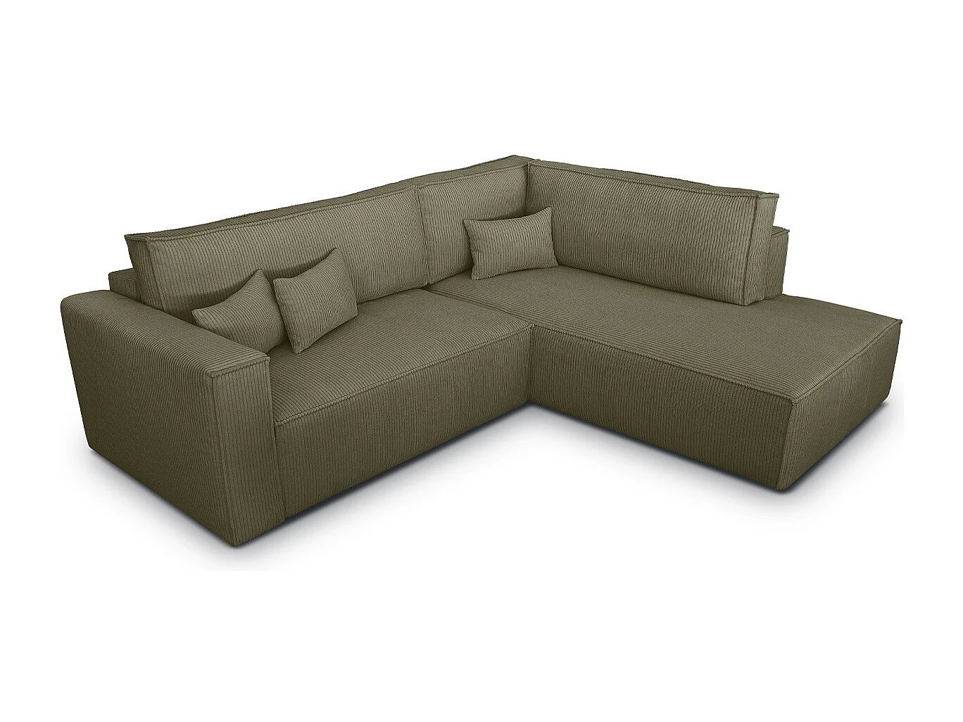 Canapé d'angle ouvert à droite convertible 3 places en velours côtelé vert kaki - Emma