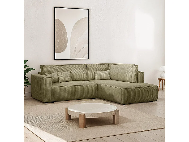 Canapé d'angle ouvert à droite convertible 3 places en velours côtelé vert kaki - Emma