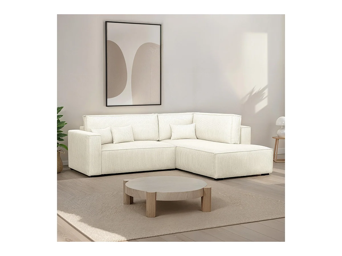 Canapé d'angle ouvert à droite convertible 3 places en velours côtelé beige - Emma