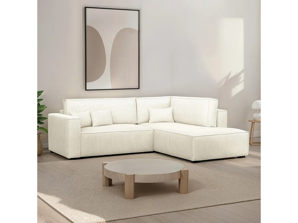 Canapé d'angle ouvert à droite convertible 3 places en velours côtelé beige - Emma