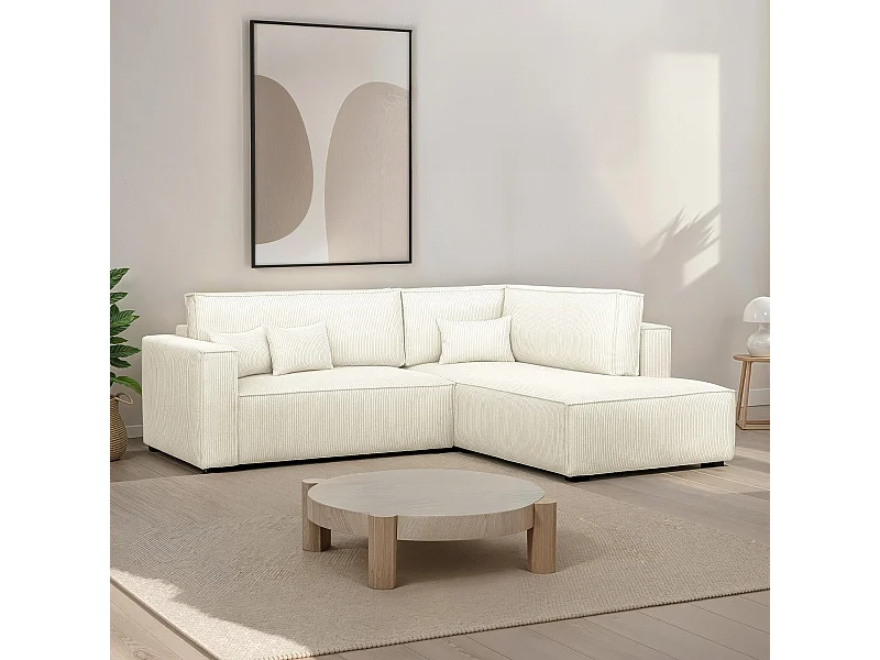 Canapé d'angle ouvert à droite convertible 3 places en velours côtelé beige - Emma