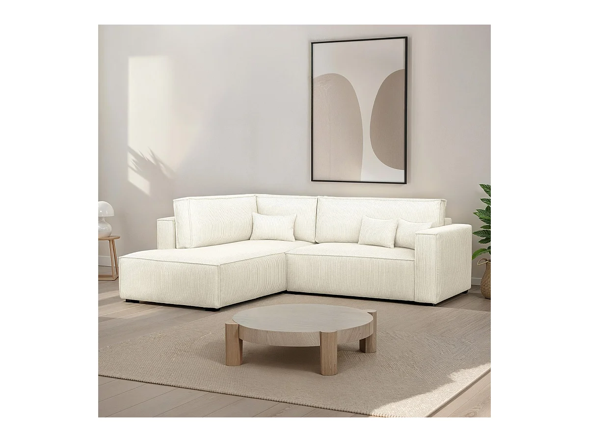 Canapé d'angle ouvert à gauche convertible 3 places en velours côtelé beige - Emma