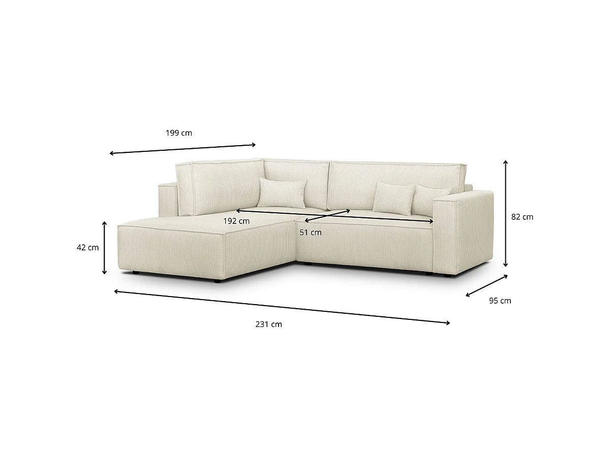 Canapé d'angle ouvert à gauche convertible 3 places en velours côtelé beige - Emma