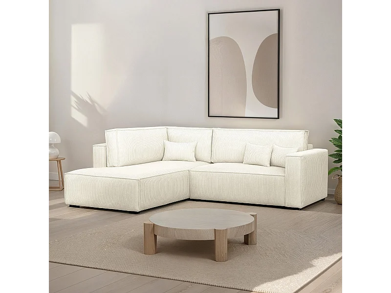 Canapé d'angle ouvert à gauche convertible 3 places en velours côtelé beige - Emma