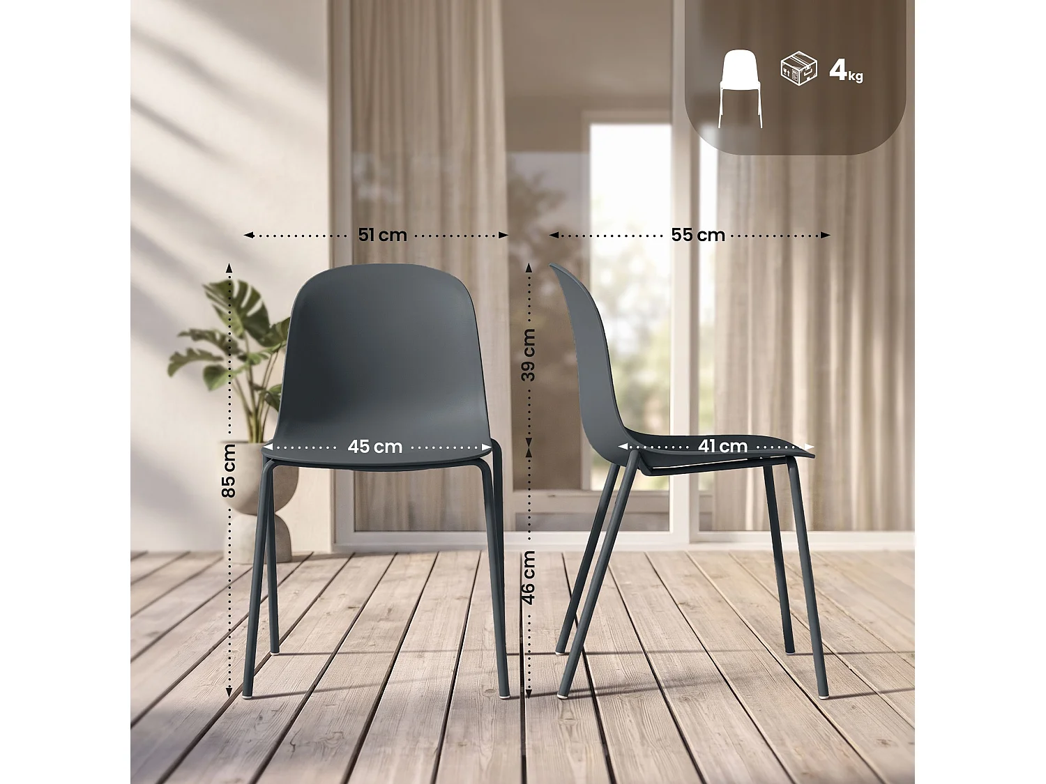 Lot de 2  Chaise de conférence - Plastique - Gris foncé - Hardin