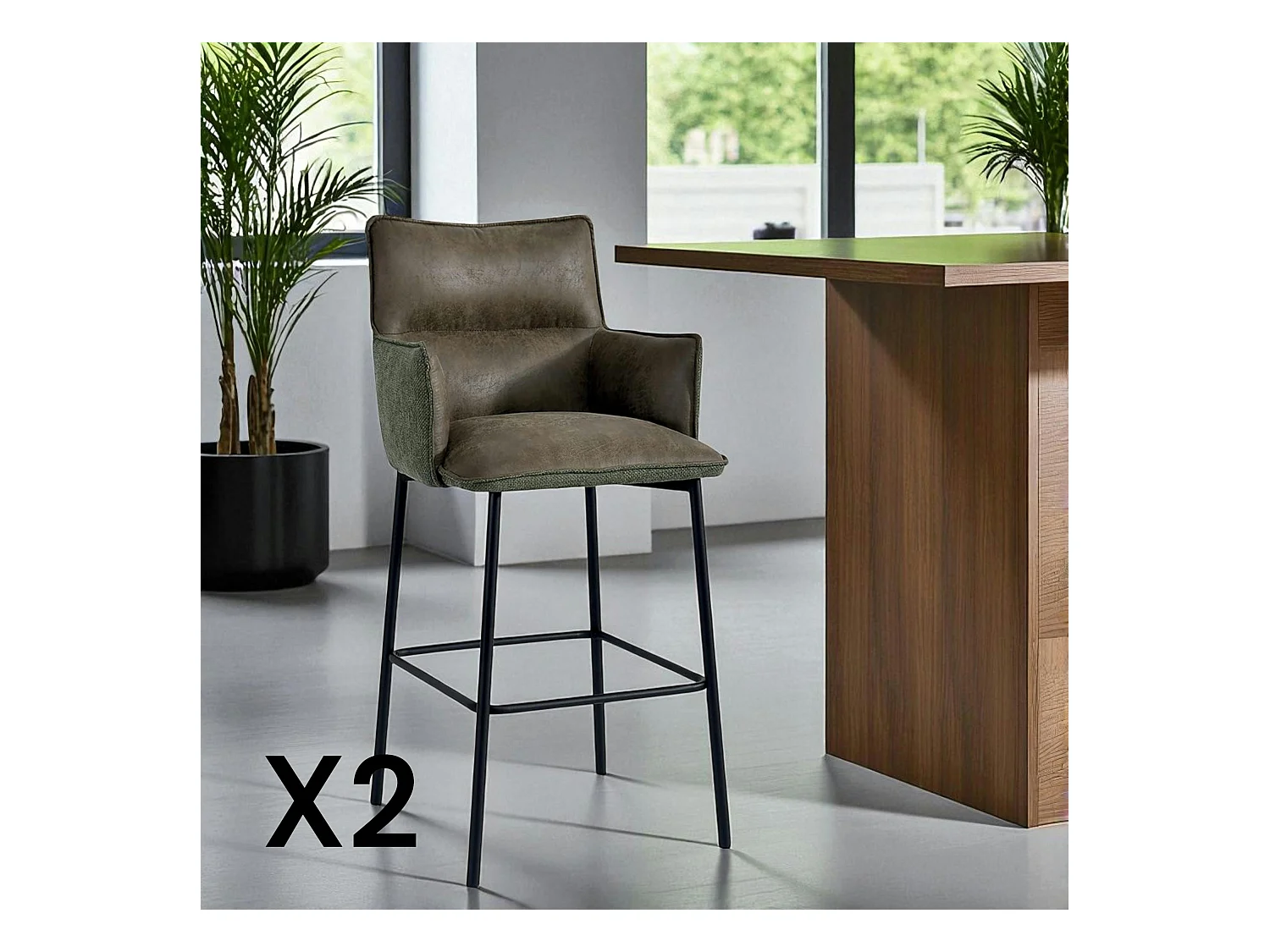 Tabouret bar bi-matière vert avec dossier (lot de 2) KERALA