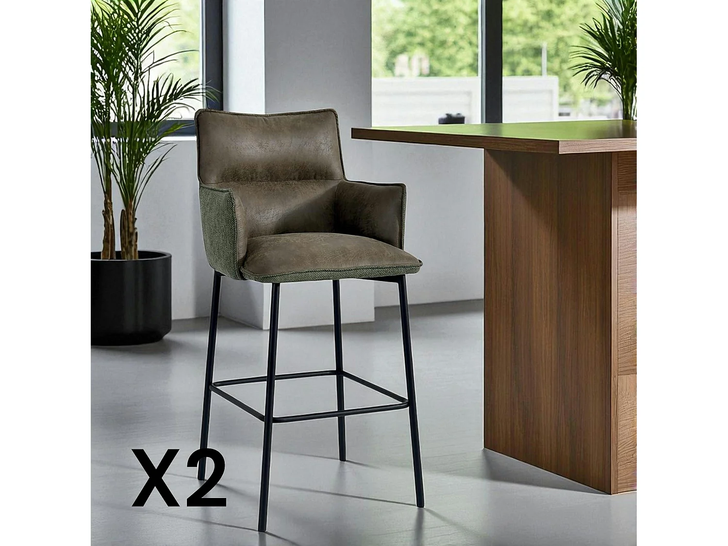 Tabouret bar bi-matière vert avec dossier (lot de 2) KERALA