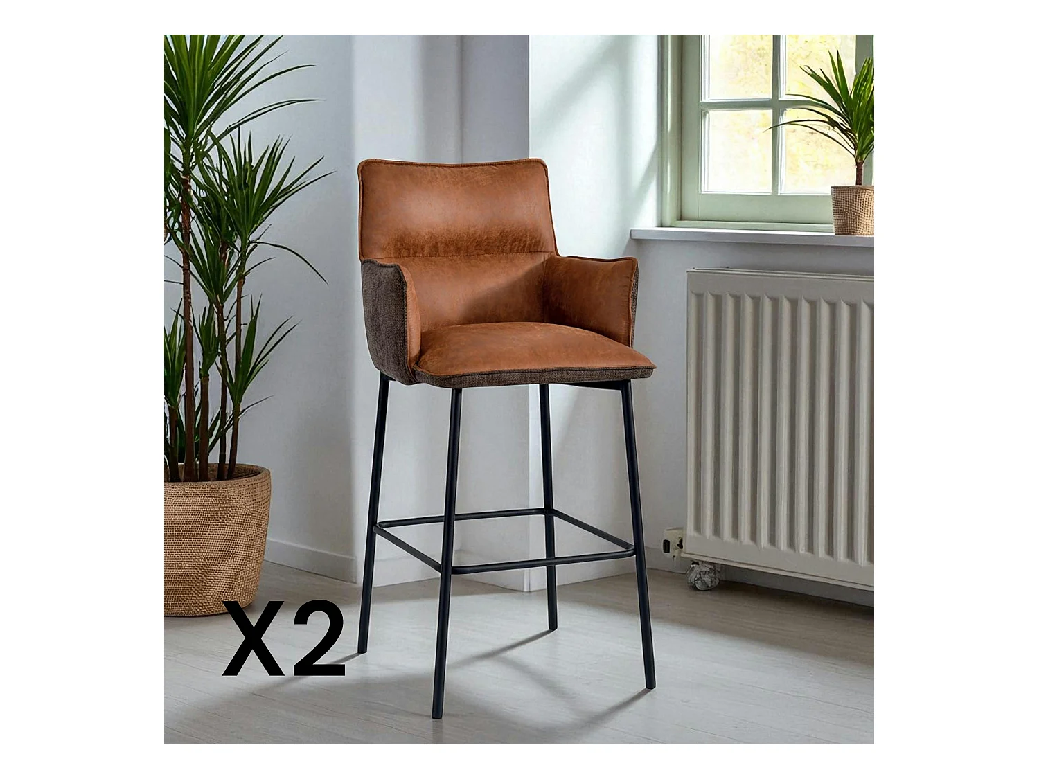 Tabouret bar bi-matière marron avec dossier (lot de 2) KERALA