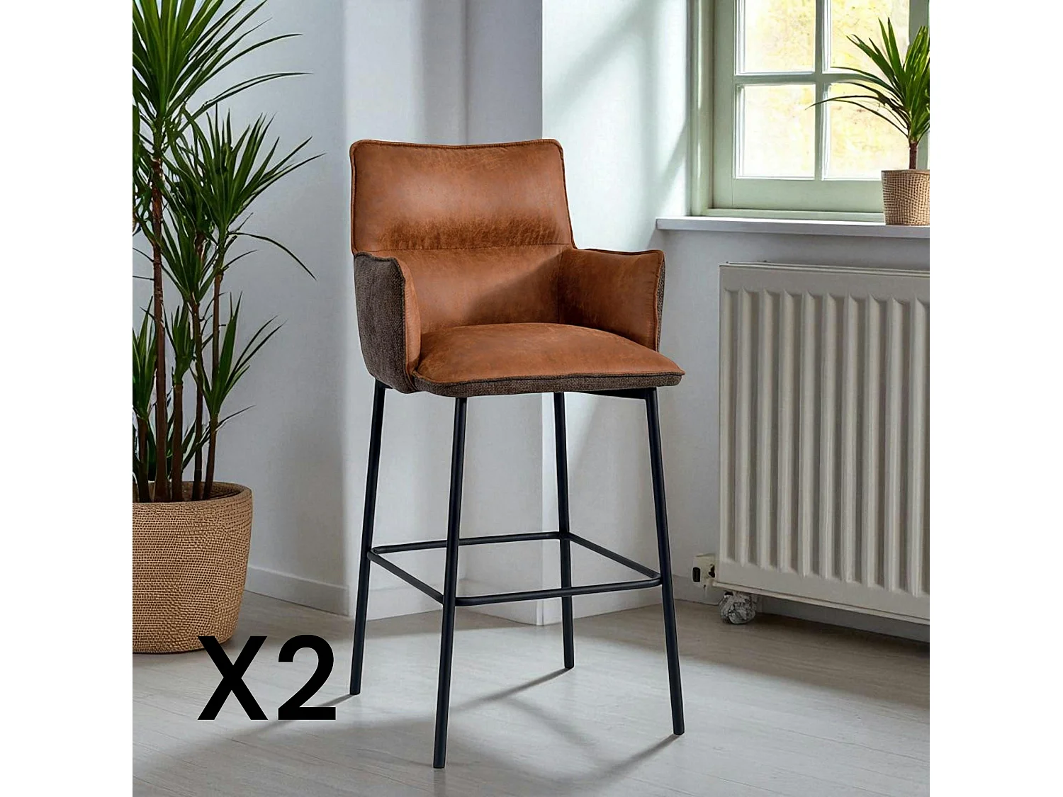 Tabouret bar bi-matière marron avec dossier (lot de 2) KERALA