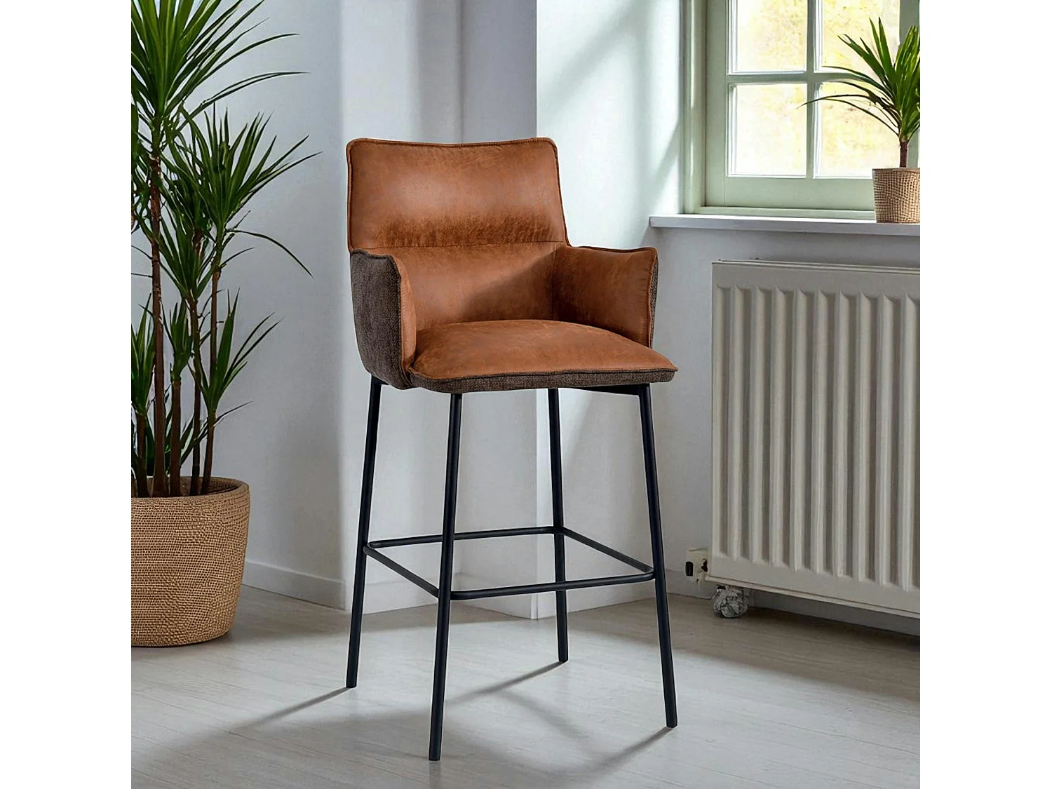 Tabouret bar bi-matière marron avec dossier (lot de 2) KERALA