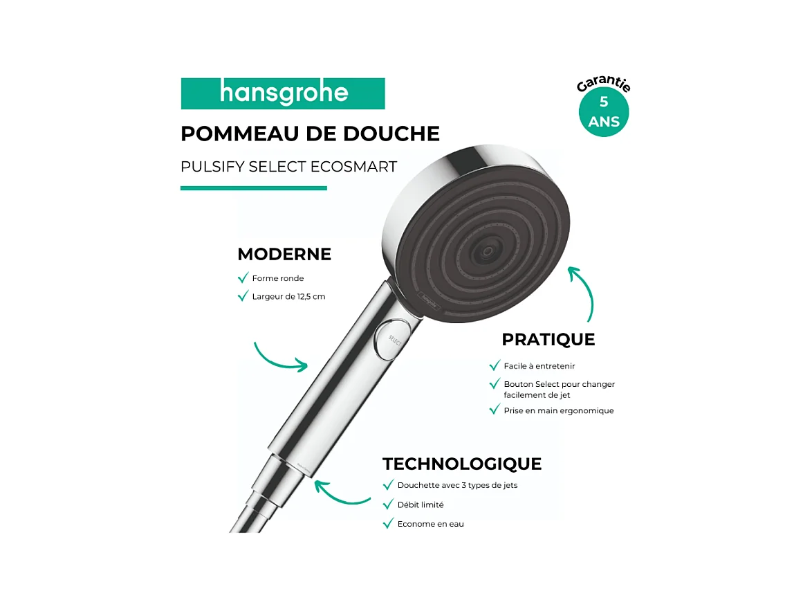 Pommeau de douche HANSGROHE Pulsify Select EcoSmart 105 3 jets relaxation + Flexible 160 cm Isiflex Bronze brossé