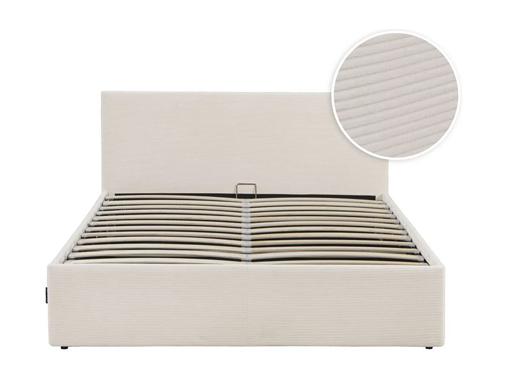 Cadre de lit EDGAR avec coffre de rangement et tête de lit en velours côtelé beige - couchage 180x200cm