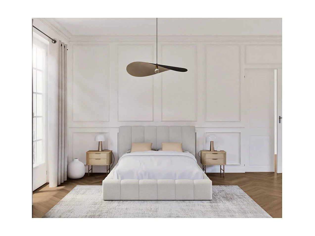 Cadre de lit BULLE rembourré avec coffre en tissu blanc cassé - couchage 160x200cm