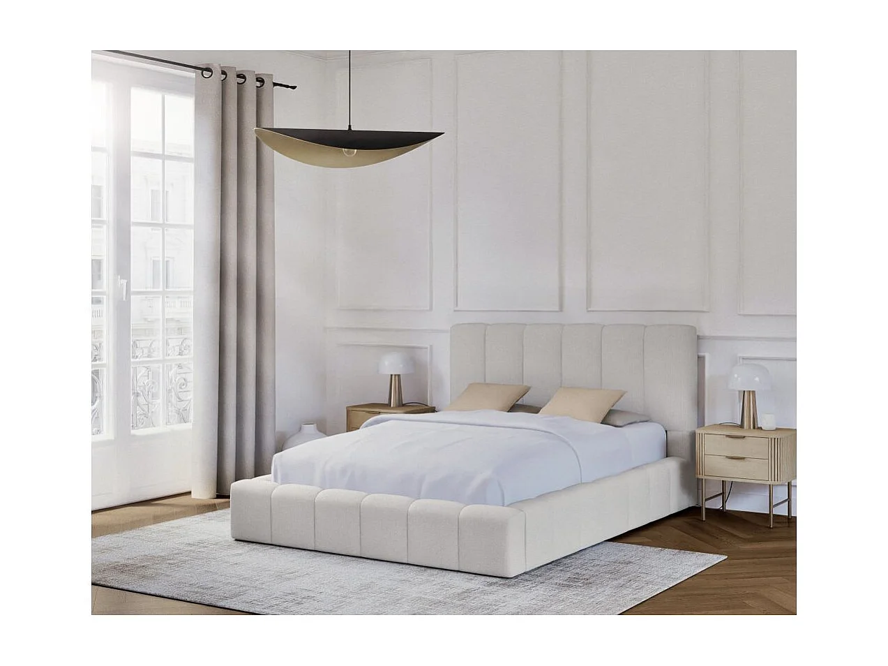 Cadre de lit BULLE rembourré avec coffre en tissu blanc cassé - couchage 160x200cm